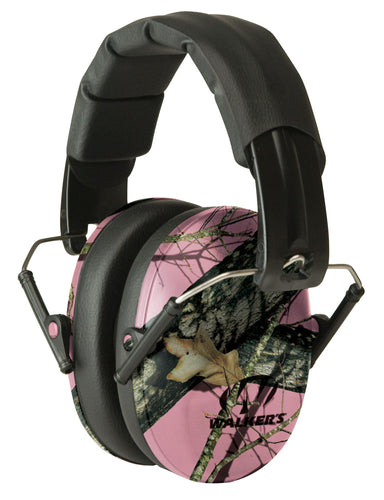 Walkers GWPFPM1PKMO Pro Low Profile Polymer 22 dB Over the Head Mossy Oak Pink Camo Ear Cups w/Black Band