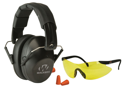 Walkers GWPFPM1GFP Passive Pro Safety Combo Kit 31 db Over the Head Black Ear Cups w/Black Band Muffs, Orange 31 dB Foam Earplugs, Yellow Lens w/Black Frame Glasses